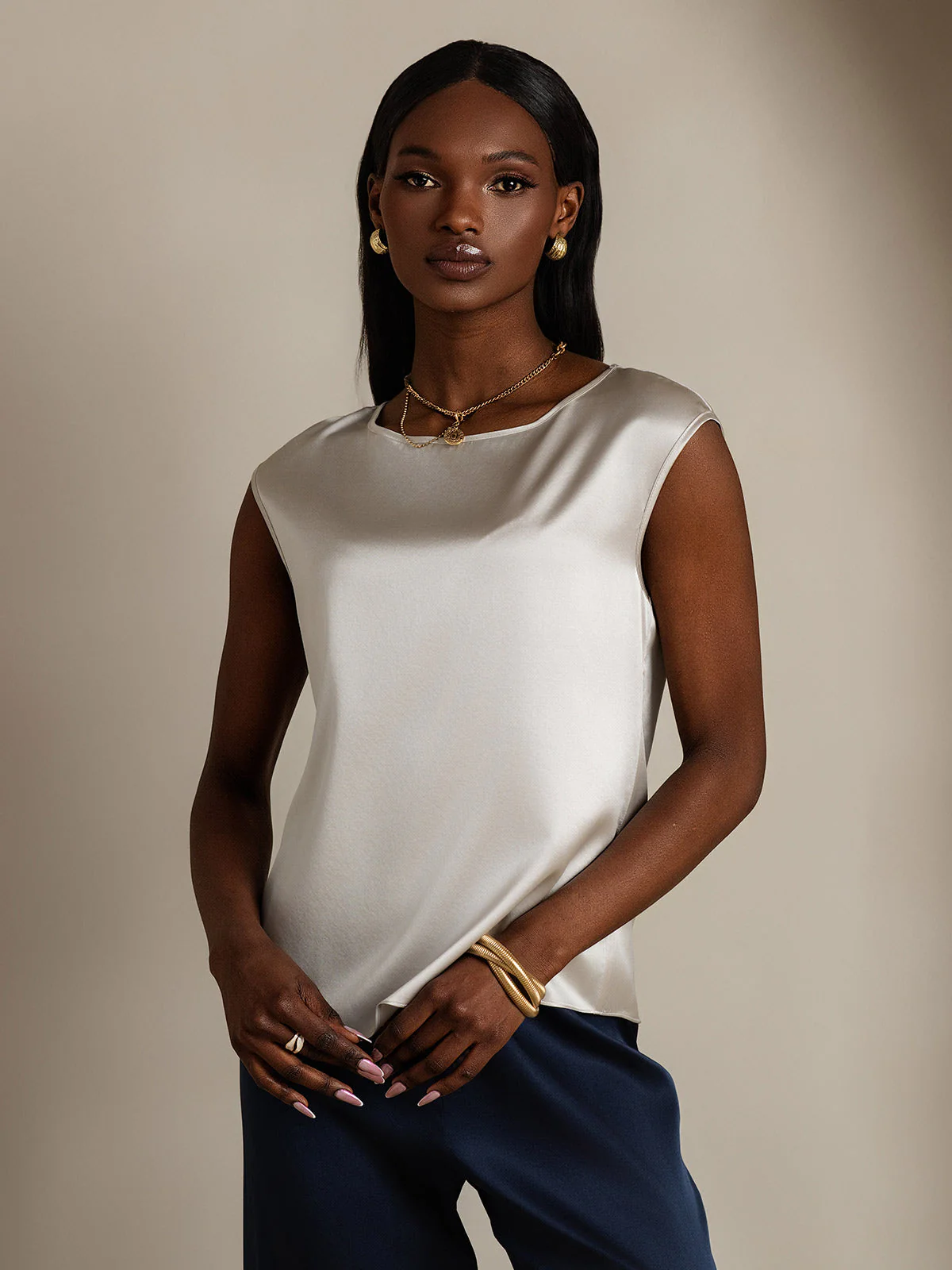 19Momme mulberry Silk Cap Sleeve Round Neck Women