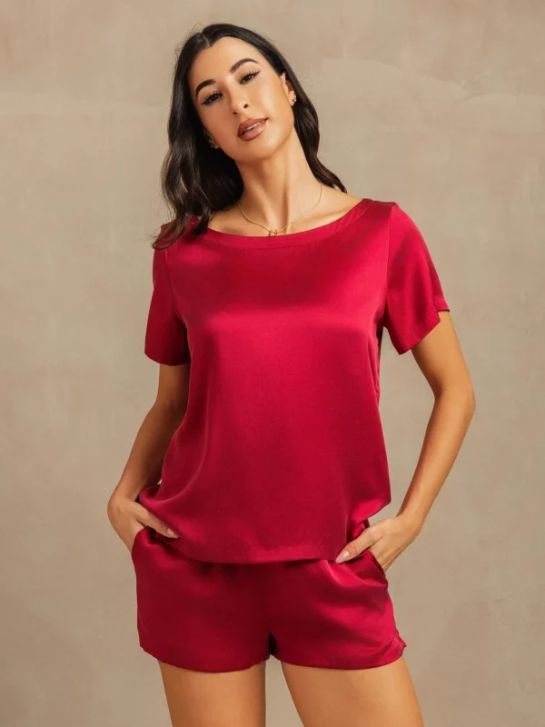 mulberry Silk 19Momme Women's Short Sleeve Round Collar Pajamas Set with Side Pocket Design - Image 2