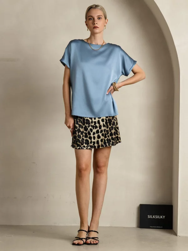 19Momme mulberry Silk Short Sleeve Boat Neck Women's T-Shirt - Image 9