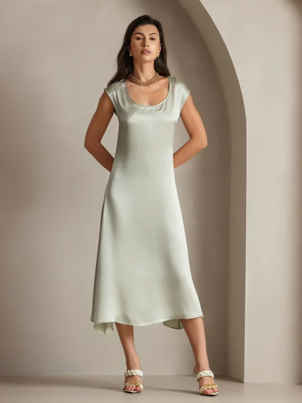 19Momme mulberry Silk Cap Sleeve Round Neck Midi Dress - Image 10