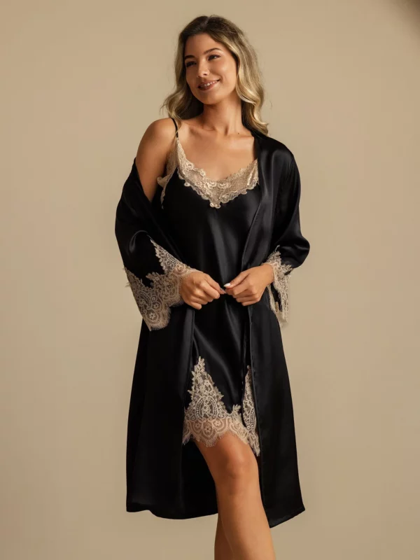 Pure Mulberry Silk V Neck Short Nightgown&Robe Set with Lace Design - Image 12