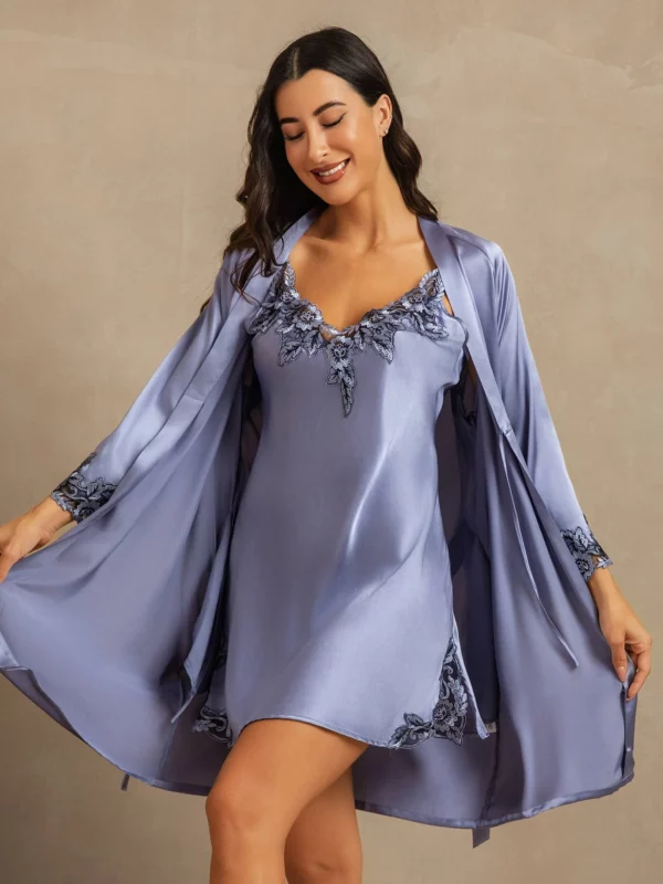 100% mulberry Silk Spaghetti Strap Nightgown & Robe Set 2 piece with lace design - Image 14