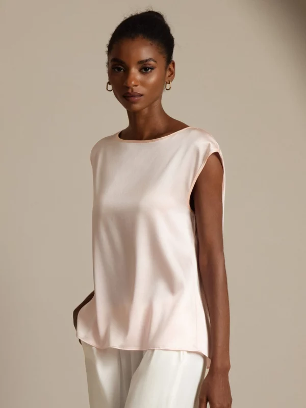 19Momme mulberry Silk Cap Sleeve Round Neck Women's Top - Image 3