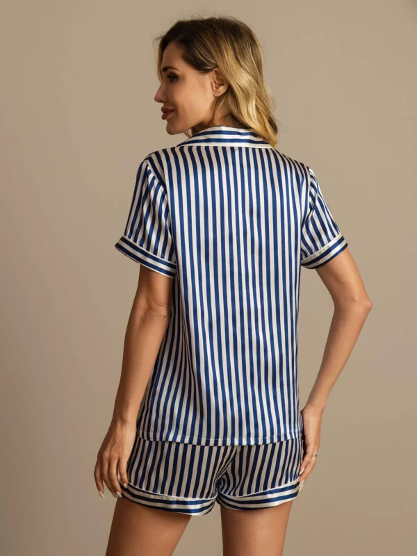 100% mulberry silk Women's Notch Collar short print Stripe silk Pajamas Set - Image 4