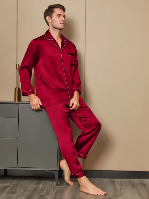 100% mulberry silk men's Long Sleeve Pajamas Set with outlines silhouette - Image 4