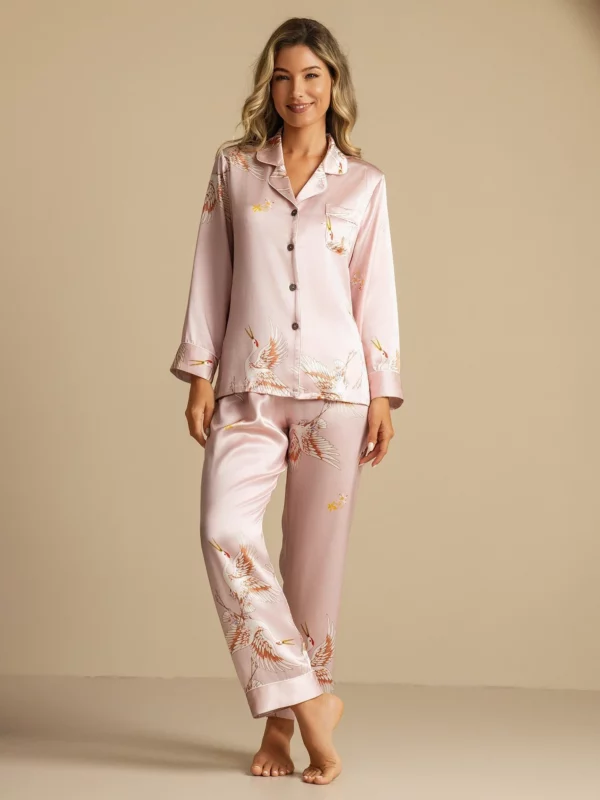 100% mulberry silk Women's Long Crane Print silk Pajamas Set with outlines silhouette - Image 3