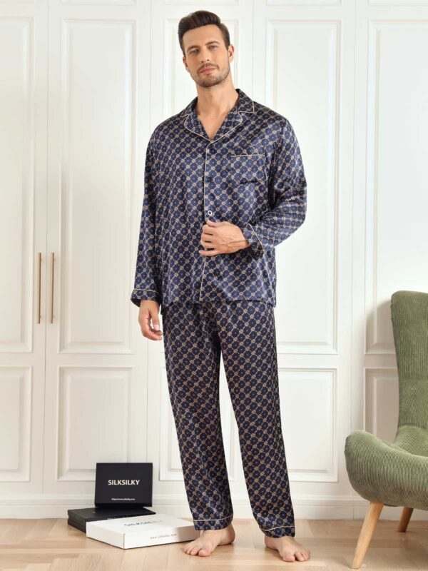 100% mulberry Silk Navy Chain Print Long Sleeve Men's Pajamas Set With Pants - Image 3