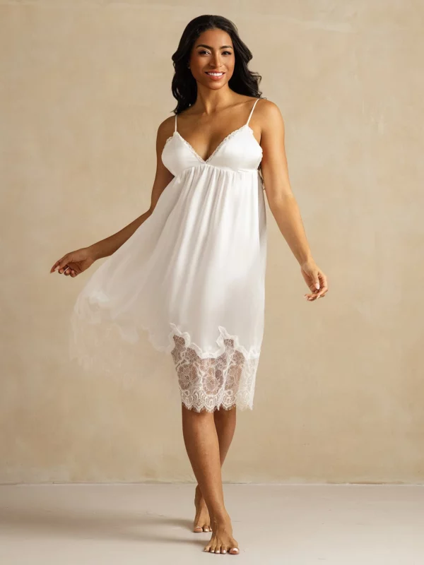 19Momme mulberry Silk Spaghetti Strap V-neck Nightgown with Lace Design - Image 2