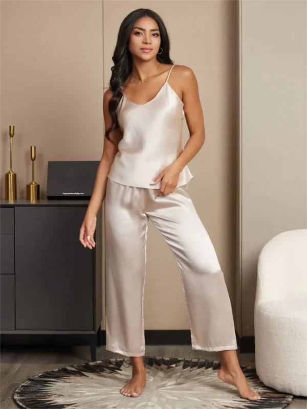 100% mulberry Silk women's Spaghetti Strap V Neck Cami & Pants Set - Image 2