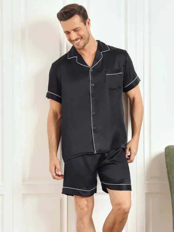 100% mulberry Silk Short Sleeve Notch Collar Men's Pajamas Set with Shorts - Image 2