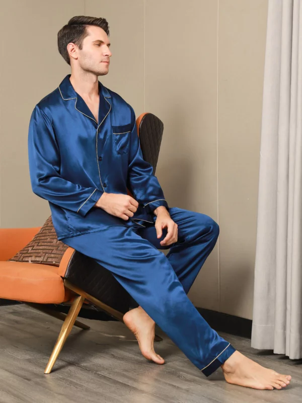 100% mulberry silk men's Long Sleeve Pajamas Set with outlines silhouette - Image 2
