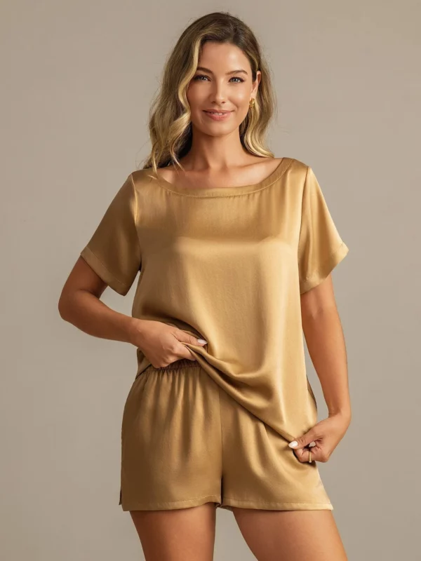 mulberry Silk 19Momme Women's Short Sleeve Round Collar Pajamas Set with Side Pocket Design - Image 7