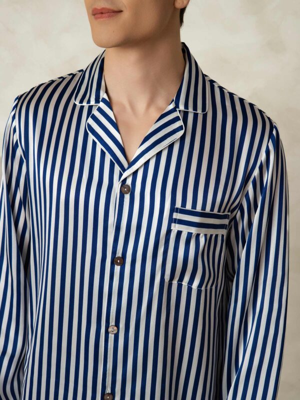 100% mulberry Silk Men's Stripe Print Long Sleeve Pajamas Set with Notch Collar - Image 5