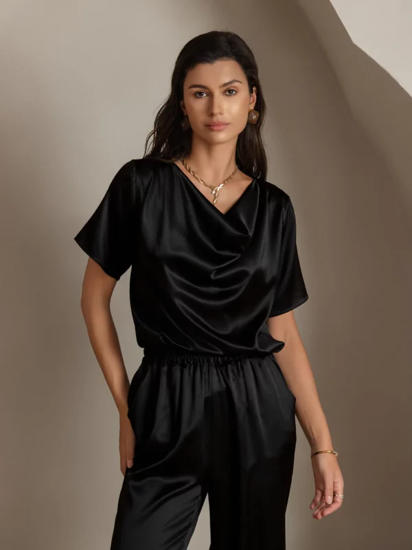 19Momme Women's mulberry Silk Short Sleeve Cowl Neck T-Shirt