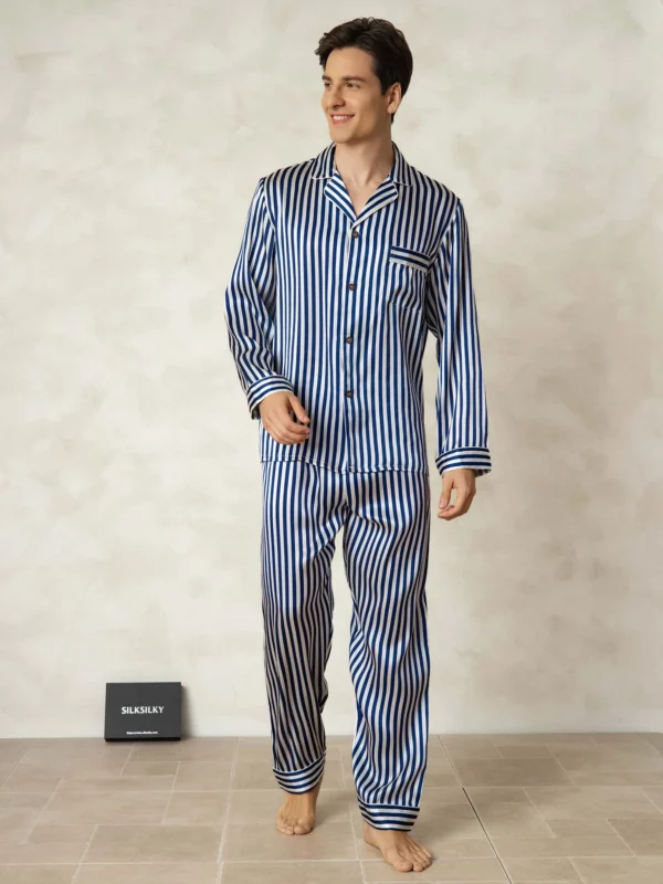 100% mulberry Silk Men's Stripe Print Long Sleeve Pajamas Set with Notch Collar - Image 4
