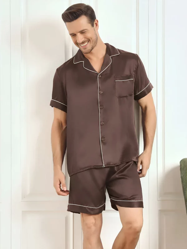 100% mulberry Silk Short Sleeve Notch Collar Men's Pajamas Set with Shorts - Image 6