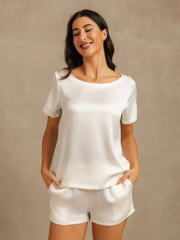 mulberry Silk 19Momme Women's Short Sleeve Round Collar Pajamas Set with Side Pocket Design - Image 8