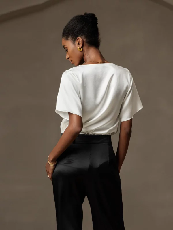 19Momme Women's mulberry Silk Short Sleeve Cowl Neck T-Shirt - Image 4