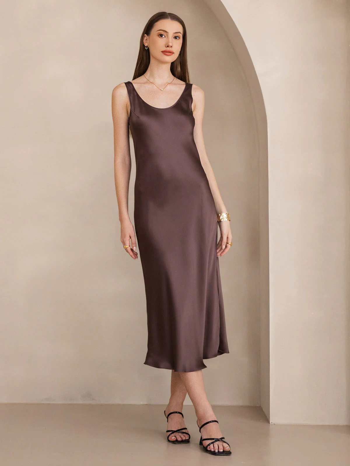 100% mulberry Silk charmeuse Sleeveless U Neck Midi Dress - Image 9