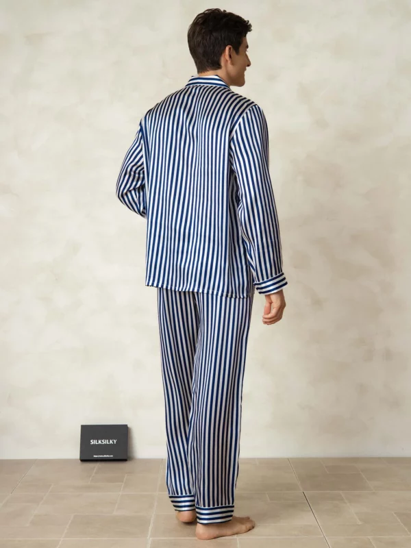 100% mulberry Silk Men's Stripe Print Long Sleeve Pajamas Set with Notch Collar - Image 2