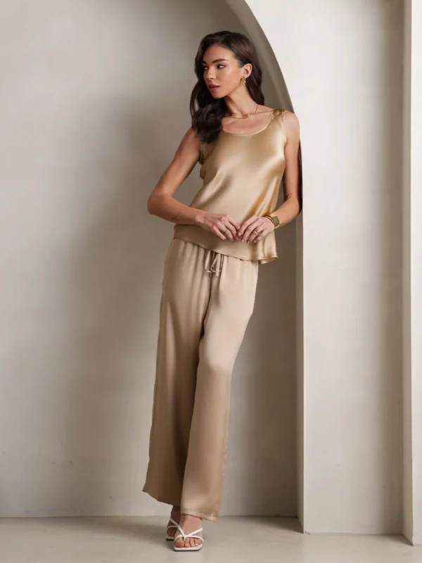 100% mulberry Silk Sleeveless U-Neck Tank Top & Wide Leg Pants Set - Image 3