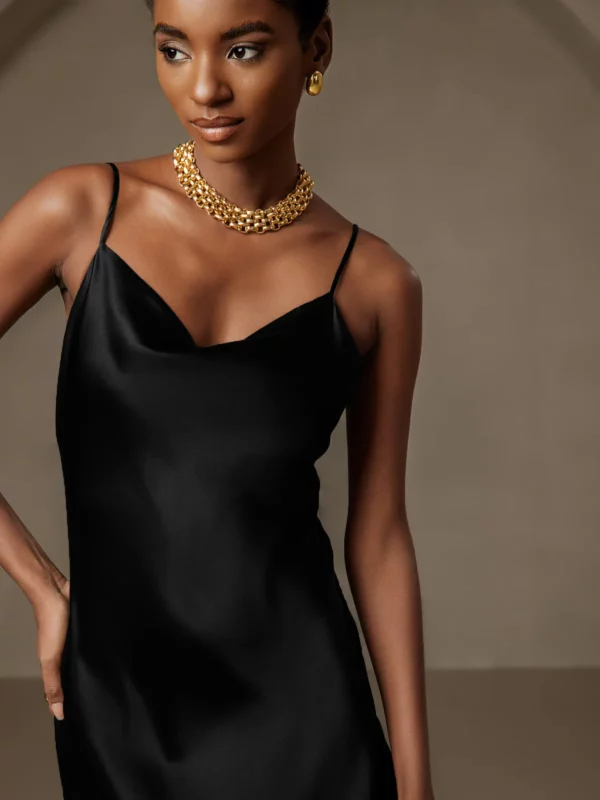 19Momme mulberry Silk Spaghetti strap Cowl Neck Midi Nightgown with Split Design - Image 6