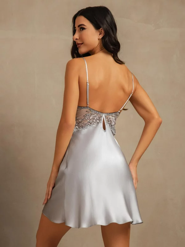 100% mulberry Silk Spaghetti Strap Mini Nightgown with Lace Backless V-neck Design - Image 6
