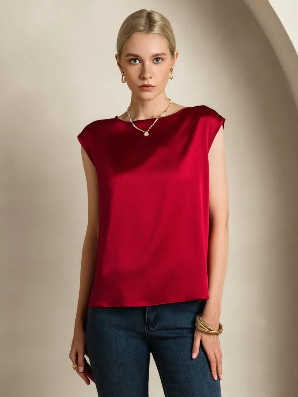 19Momme mulberry Silk Cap Sleeve Round Neck Women's Top