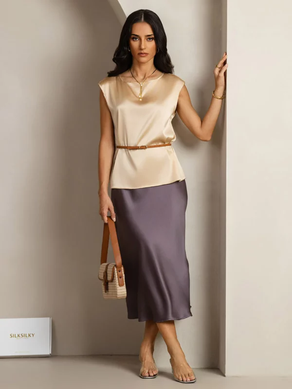 19Momme mulberry Silk Cap Sleeve Round Neck Women's Top - Image 2