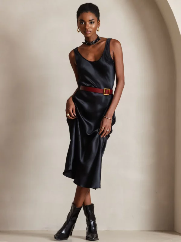 100% mulberry Silk charmeuse Sleeveless U Neck Midi Dress - Image 5