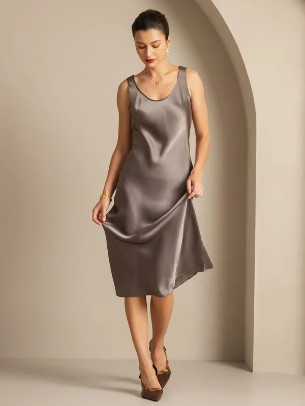 100% mulberry Silk charmeuse Sleeveless U Neck Midi Dress - Image 7