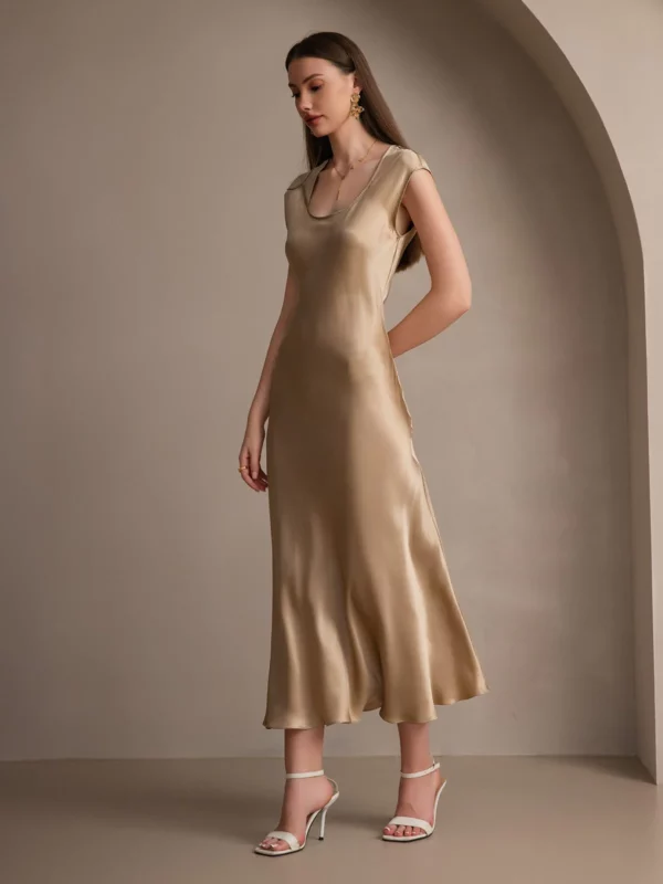 19Momme mulberry Silk Cap Sleeve Round Neck Midi Dress - Image 2