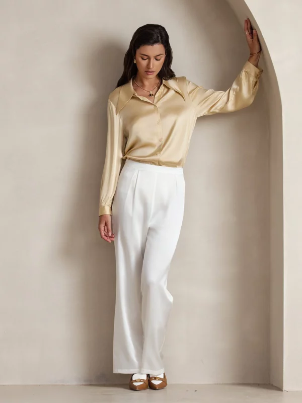 19Momme Women's mulberry Silk High Waist Wide Leg Pants - Image 2