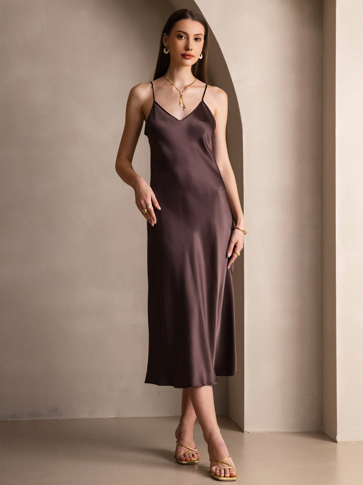 100% mulberry Silk charmeuse Spaghetti Strap Midi Dress - Image 8