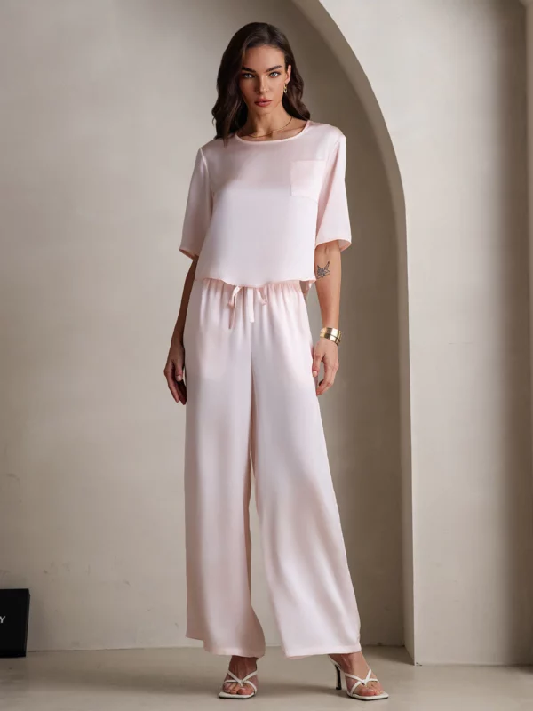 Women's Half Sleeve Round Neck 100% mulberry silk Pajamas Set - Image 5