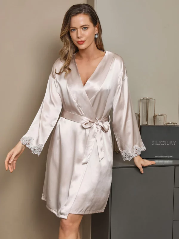 100% Mulberry Silk Lace Short Nightgown&Robe Set with Split Design - Image 6