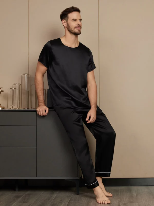 100% mulberry Silk Short Sleeve Round Neck Men's Pajamas Set with Pants - Image 2