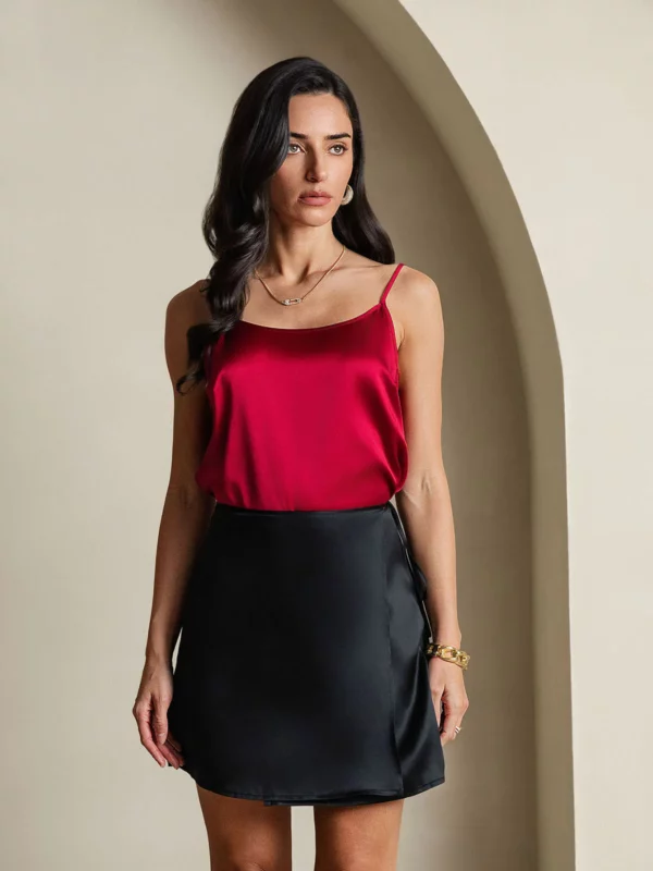 19Momme 100% mulberry Silk satin A Line Wrap Mini Skirt with Tie Waist Design - Image 4