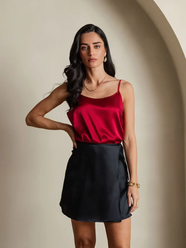 19Momme 100% mulberry Silk satin A Line Wrap Mini Skirt with Tie Waist Design - Image 2