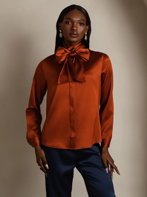 19 momme mulberry Silk Long Sleeve High Neck Bow Tie Blouse - Image 7