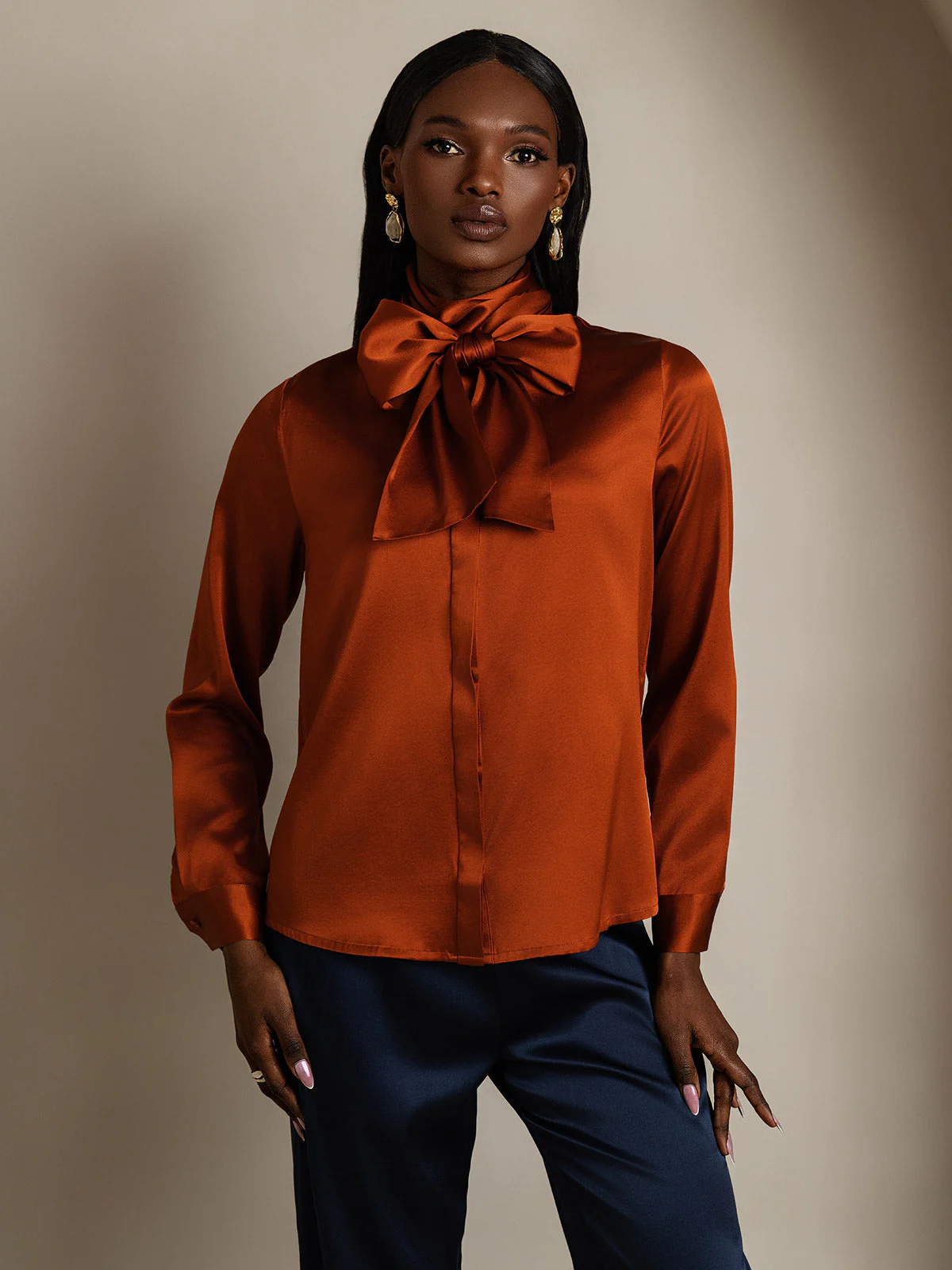 19 momme mulberry Silk Long Sleeve High Neck Bow Tie Blouse - Image 7