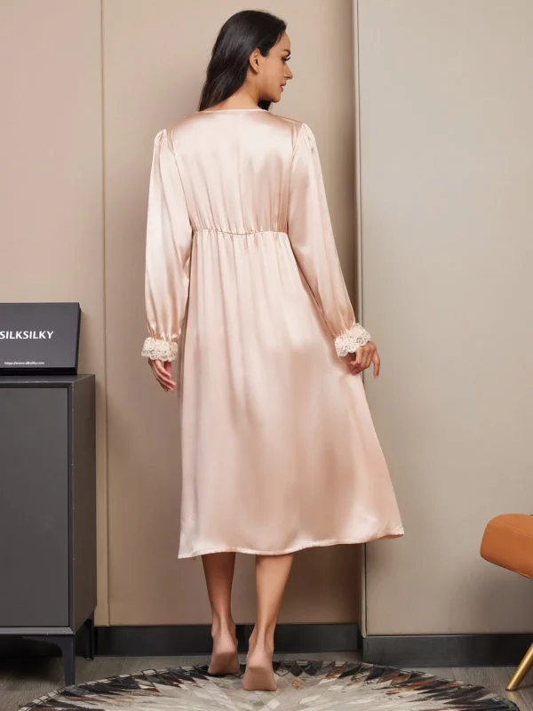 100% mulberry Silk Long Sleeve V-neck Midi Nightgown with Lace Design - Image 5