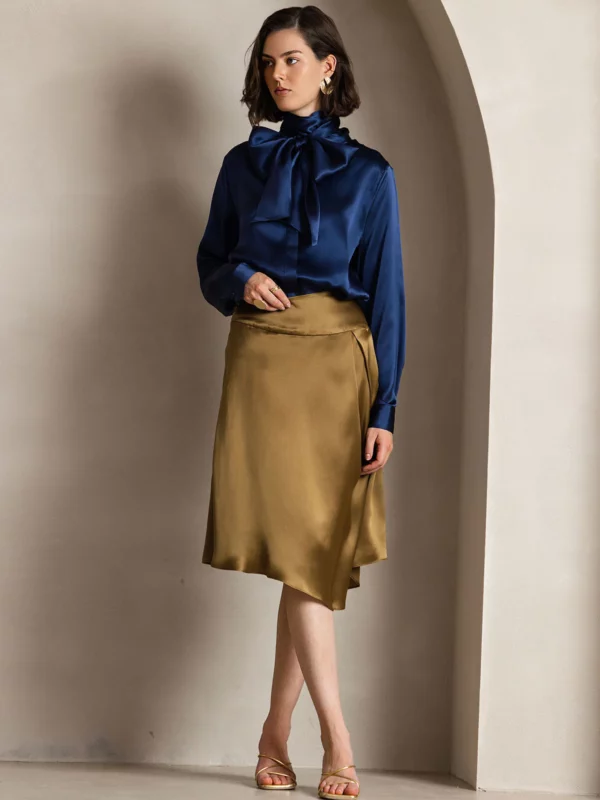 19 momme mulberry Silk Long Sleeve High Neck Bow Tie Blouse - Image 2