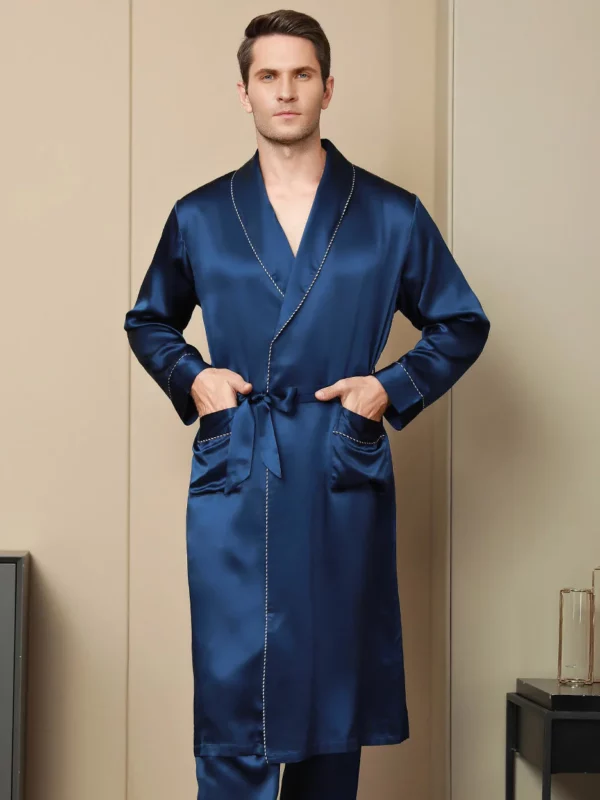100% mulberry Silk Men's Contrast Piping Belted Robe - Image 3