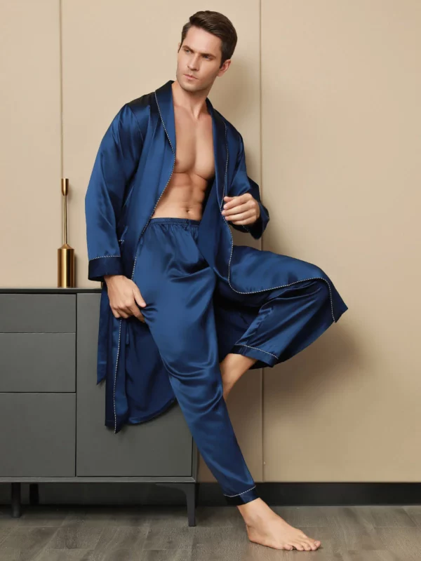100% mulberry Silk Men's Contrast Piping Belted Robe - Image 4