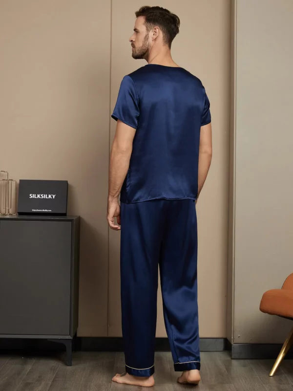 100% mulberry Silk Short Sleeve Round Neck Men's Pajamas Set with Pants - Image 3