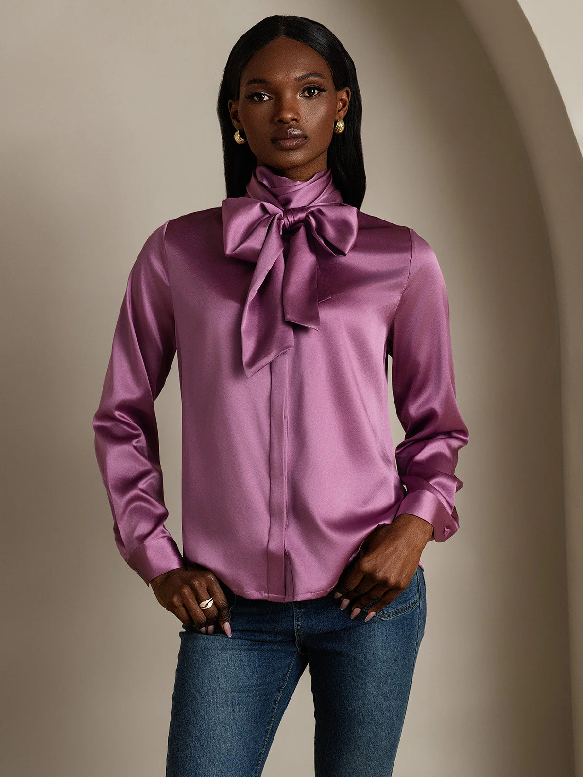19 momme mulberry Silk Long Sleeve High Neck Bow Tie Blouse - Image 8