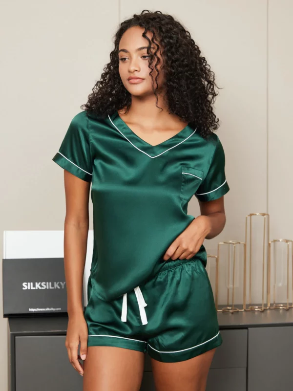 100% mulberry Silk Short V-neck Above the Knee Women's Pajamas Set with outlines silhouette - Image 5