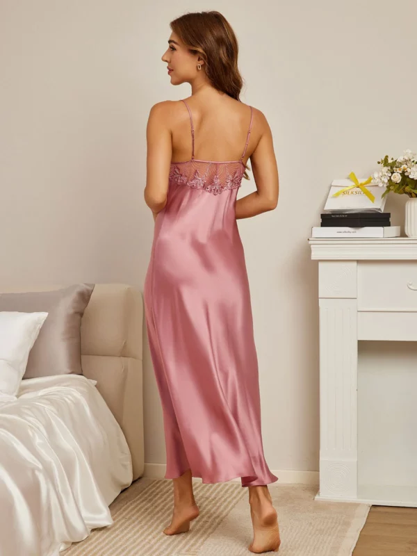 100% mulberry Silk Spaghetti Strap V-neck long Midi Nightgown with Lace Design - Image 2
