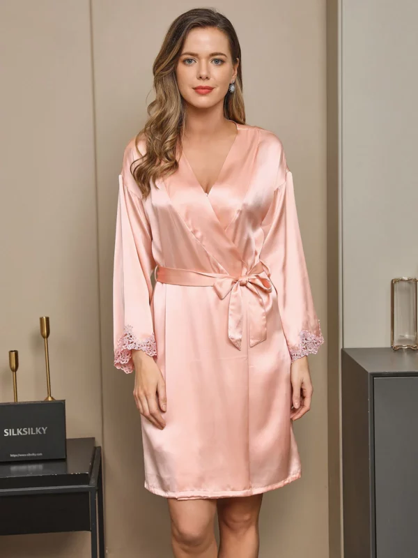 100% Mulberry Silk Lace Short Nightgown&Robe Set with Split Design - Image 7